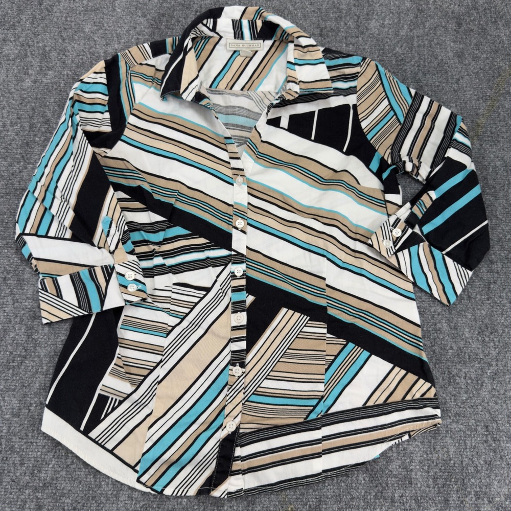 Dana Buchman Geometric Striped Button Down Shirt Black Blue Size M